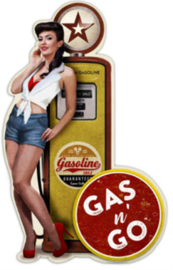 12.7” x 20” - GAS N GO PINUP GIRL - SHAPED AND EMBOSSED METAL SIGN - (2 PC PREPACK - $9.00 EACH)