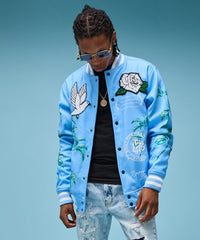 Thumbnail for Dove Chenille Patched Embroidered Varsity Jacket