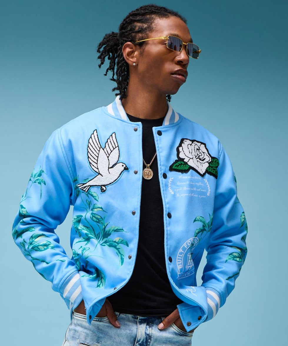 Dove Chenille Patched Embroidered Varsity Jacket