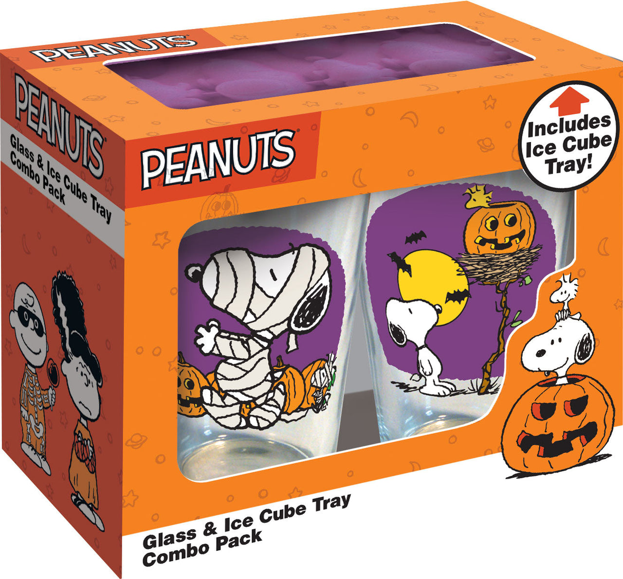 Peanuts Snoopy & Woodstock Spooky Halloween - 2 Drinking Glasses & Ice Cube Tray Combo (16oz / Packaged) – 4 PC PPK
