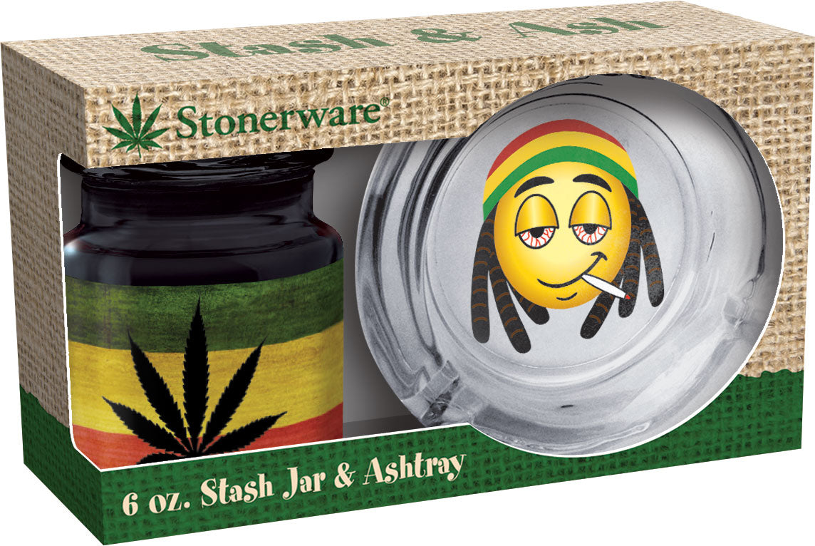 Stonerware Rasta Flag Leaf Emoji Stash Jar & Ashtray Combo (6oz / Packaged) – 4 PC PPK