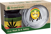 Thumbnail for Stonerware Rasta Flag Leaf Emoji Stash Jar & Ashtray Combo (6oz / Packaged) – 4 PC PPK