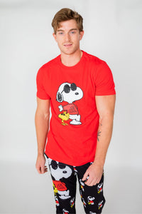 Thumbnail for Image of male model standing and looking forward wearing Peanuts Snoopy Joe Cool short sleeve T-shirt (front view white background)