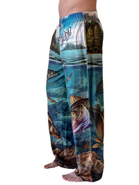 Thumbnail for Waist down photo of model wearing Walleye, Tasty!  pajama lounge pants side view (white background)
