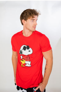 Thumbnail for Image of male model standing and looking off into the distance wearing Peanuts Snoopy Joe Cool short sleeve T-shirt (front view white background)