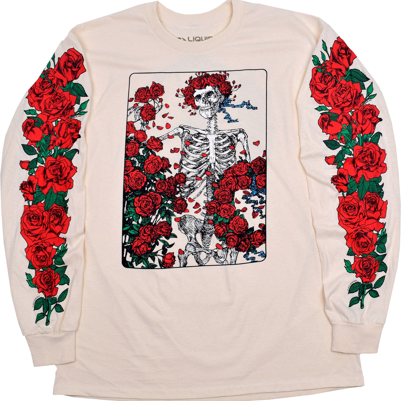 Woodcut Wheel & Roses Long Sleeve Natural T-Shirt