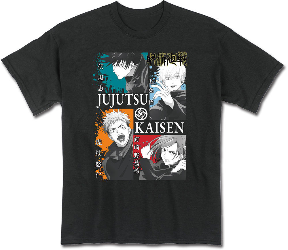 JUJUTSU KAISEN - YUJI ITADORI, MEGUMI FUSHIGURO, NOBBARA KUGISAKI, AND SATORU GOJO BLACK MEN'S T-SHIRT
