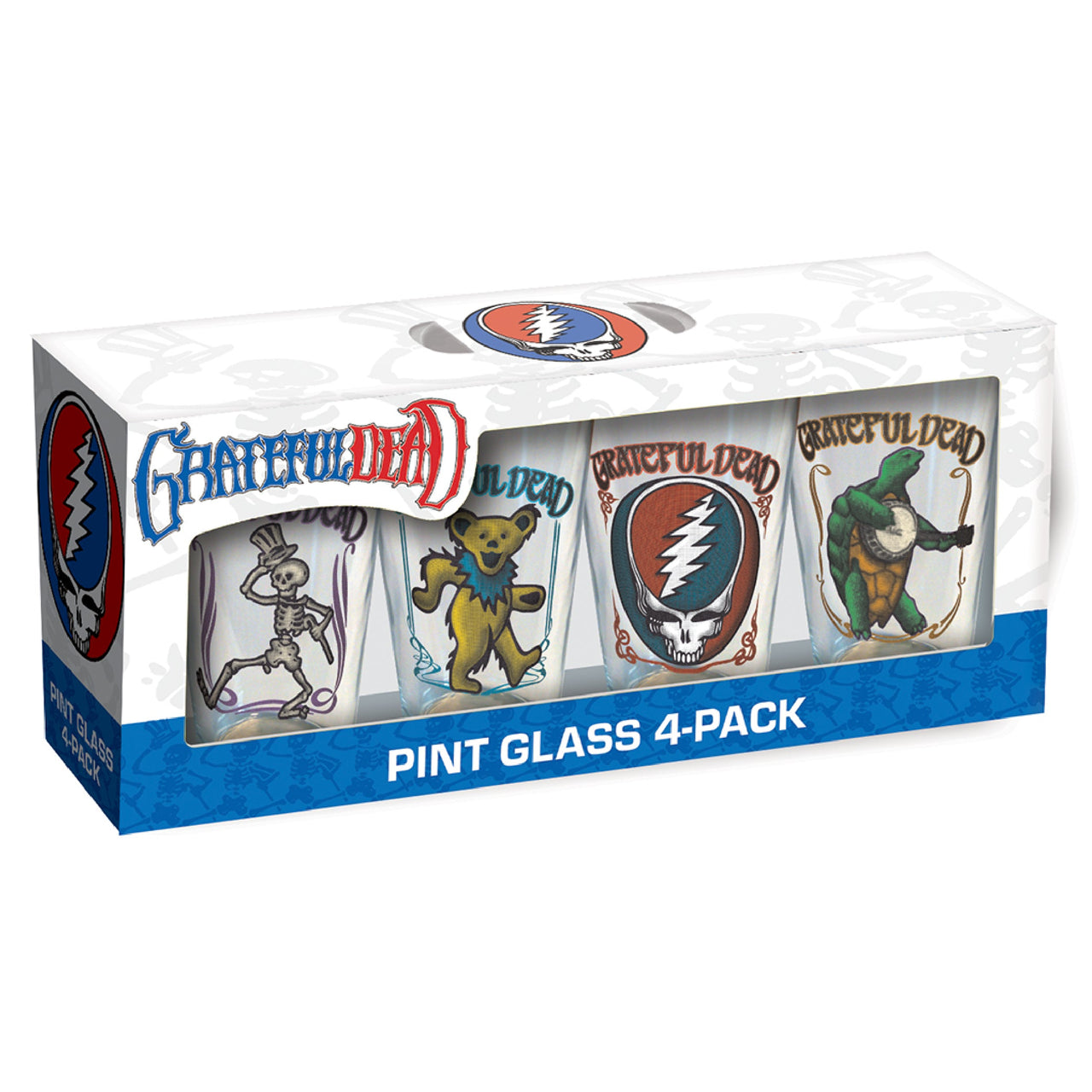 Grateful Dead Retro Drinking Glass Set - Terrapin, Stealie, Bear, Skeleton (4-Pack / 16oz / Packaged) – 4 PC PPK