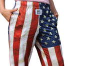 Thumbnail for American Flag Pajama Lounge Pants side angle/front close up view on model