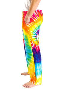 Thumbnail for Waist down photo of model wearing Rainbow Tie-Dye pajama lounge pants full side view (white background)