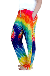 Thumbnail for Waist down photo of model wearing Rainbow Tie-Dye pajama lounge pants side view #2 (white background)