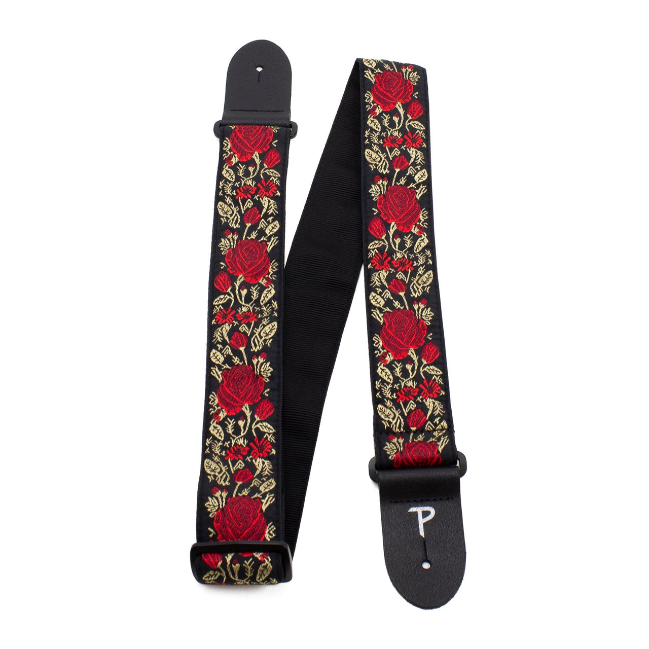 RED/GOLD ROSES ON BLACK JACQUARD GUITAR STRAP