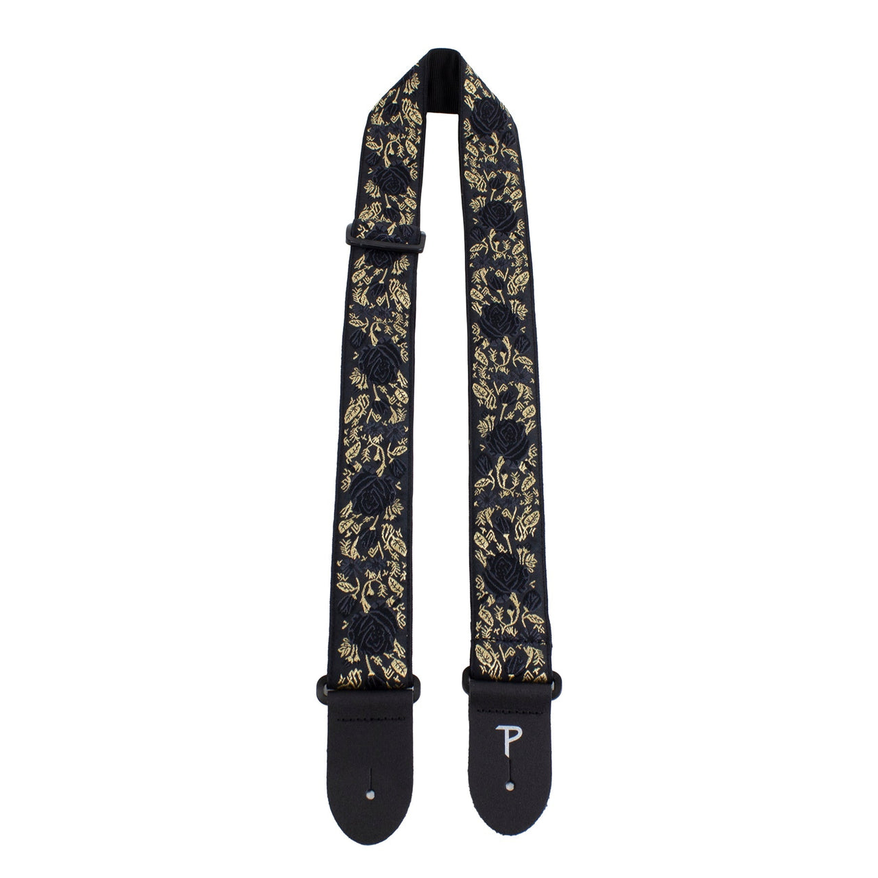 BLACK/GOLD ROSES ON BLACK JACQUARD GUITAR STRAP