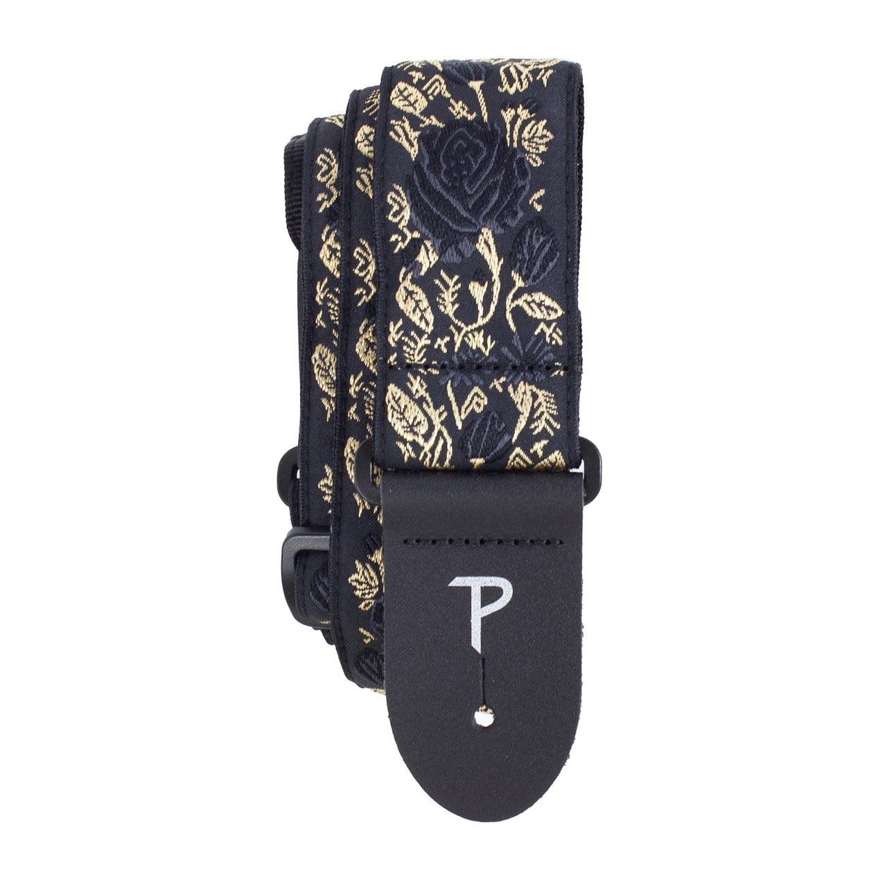 BLACK/GOLD ROSES ON BLACK JACQUARD GUITAR STRAP