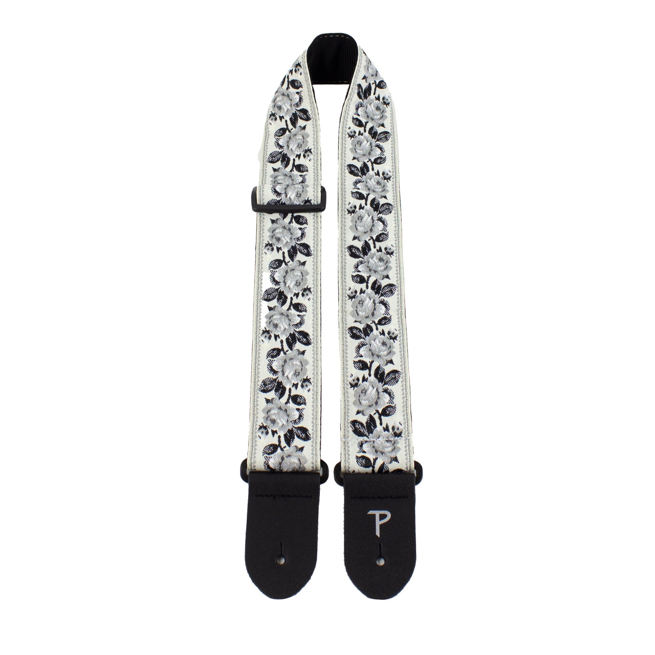 BLACK ROSES ON WHITE JACQUARD GUITAR STRAP