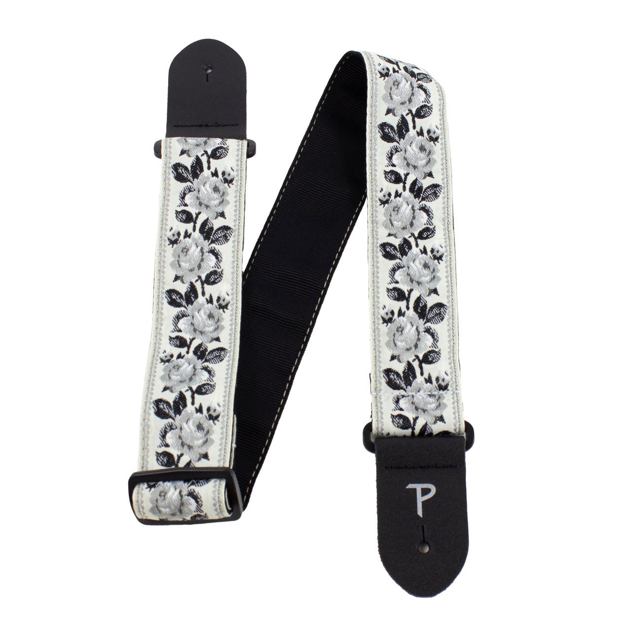 BLACK ROSES ON WHITE JACQUARD GUITAR STRAP