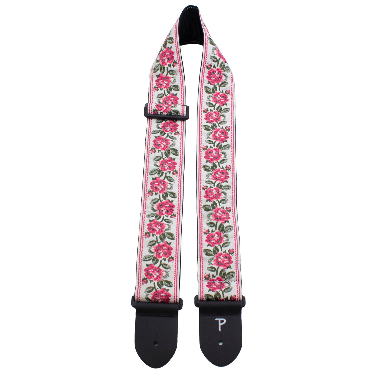 RED ROSES ON WHITE JACQUARD GUITAR STRAP