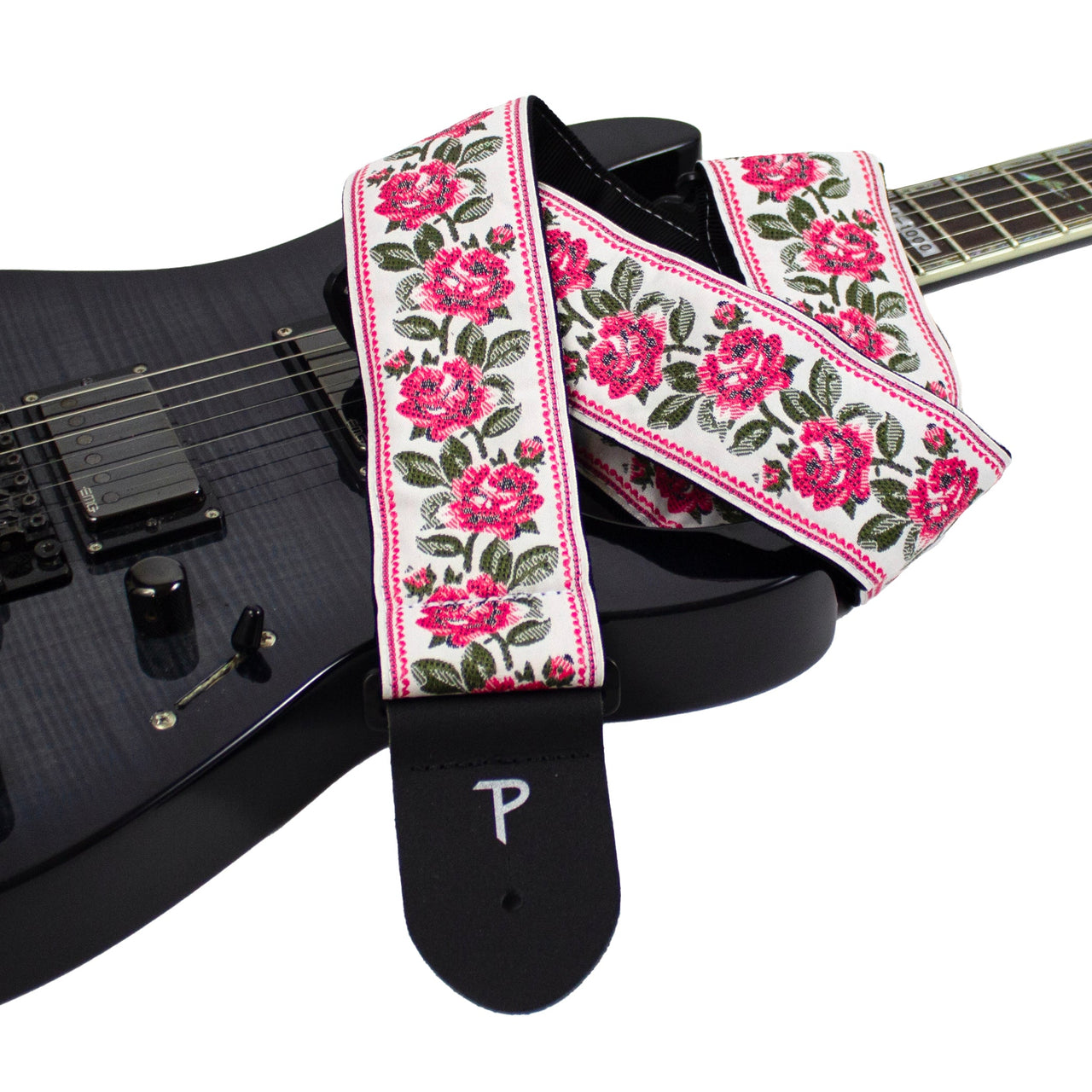 RED ROSES ON WHITE JACQUARD GUITAR STRAP