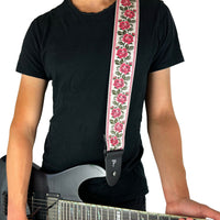 Thumbnail for RED ROSES ON WHITE JACQUARD GUITAR STRAP