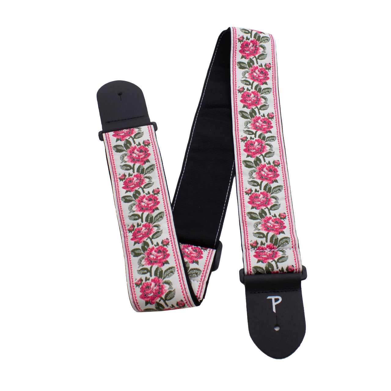 RED ROSES ON WHITE JACQUARD GUITAR STRAP