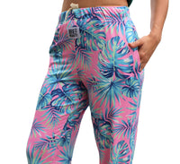 Thumbnail for Tropical Leaf Pajama Lounge Pants left side view on model close up (waist down)