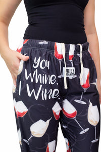 Thumbnail for Close up waist down photo of model wearing You Whine I Wine pajama lounge pants front view (white background)