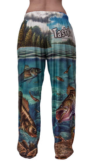Thumbnail for Waist down photo of model wearing Walleye, Tasty!  pajama lounge pants back view (white background)