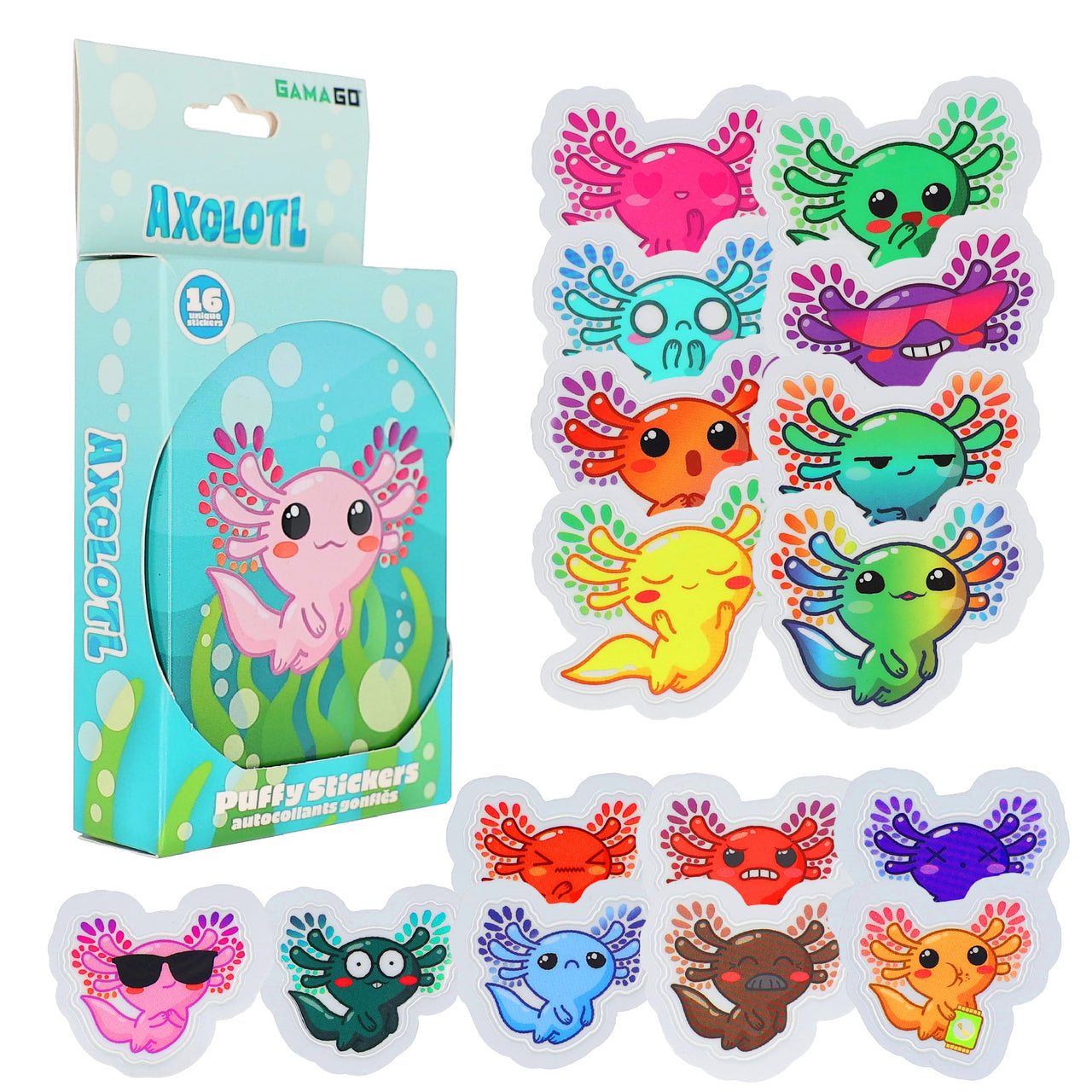 Axolotl Puffy Stickers in Embossed Tin (PDQ) – 12 PC PPK ($3.70 each)