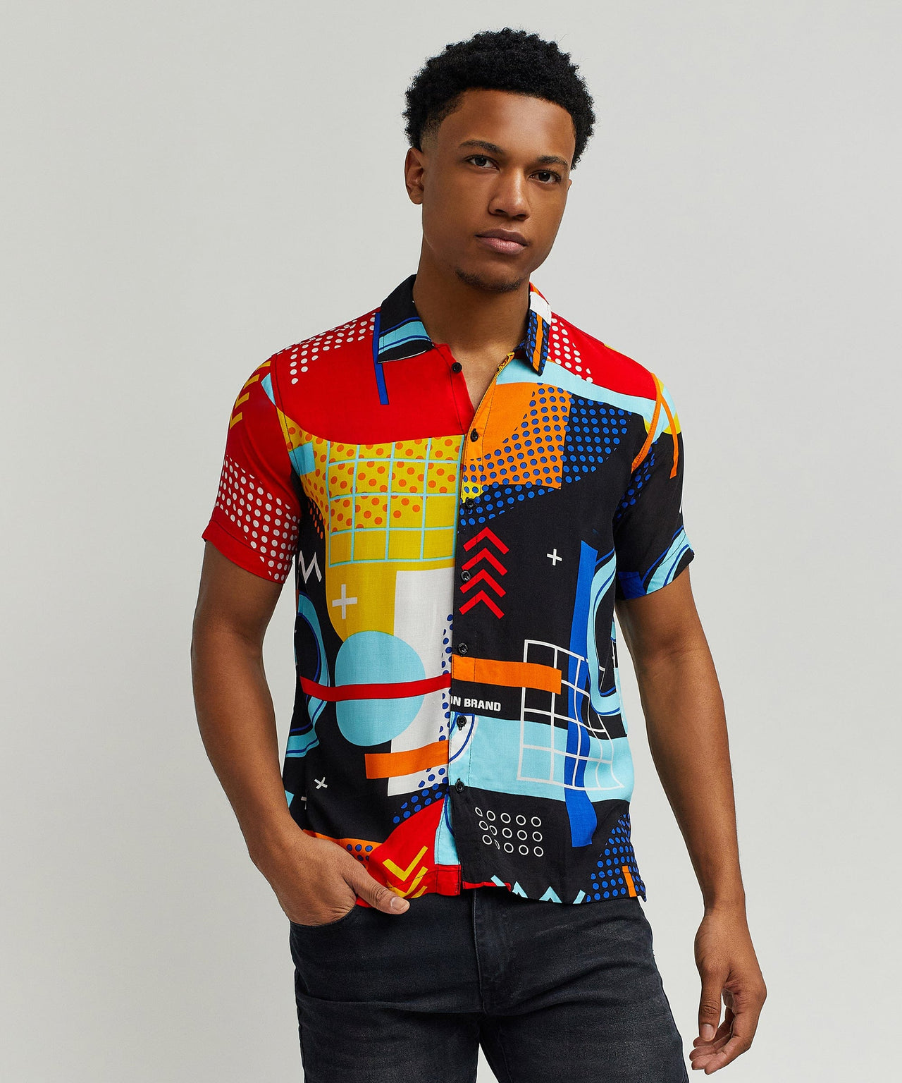 Retro Grid Viscose Button-Down Short Sleeve Shirt