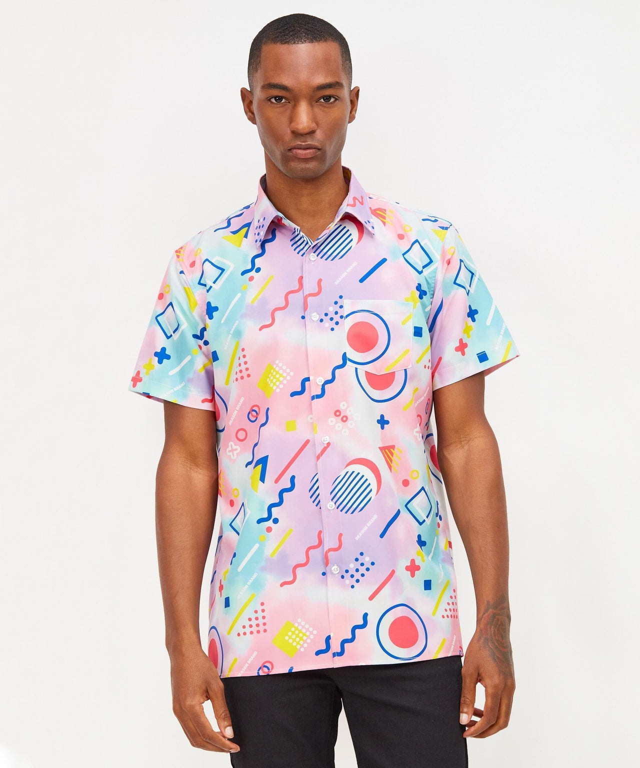 Retro Geometric Viscose Button-Down Short Sleeve Shirt - Multicolor