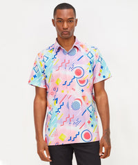 Thumbnail for Retro Geometric Viscose Button-Down Short Sleeve Shirt - Multicolor
