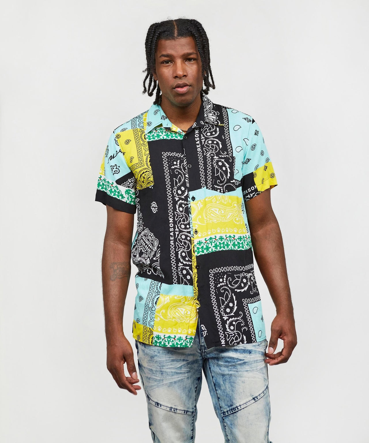 Paisley Patchwork Viscose Button-Down Short Sleeve Shirt - Multicolor