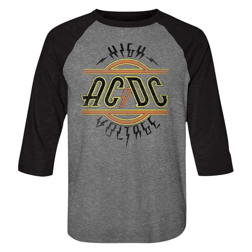 ACDC-HIGH VOLTAGE-PREMIUM HEATHER/VINTAGE BLACK ADULT 3/4 SLEEVE RAGLAN