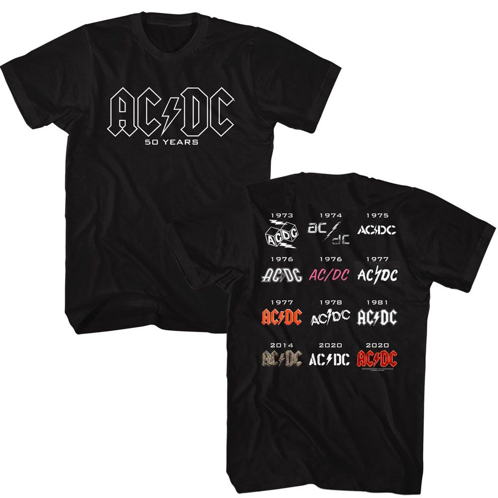 ACDC-ACDC 50 YEARS LOGOS FRONT BACK-BLACK ADULT S/S TSHIRT