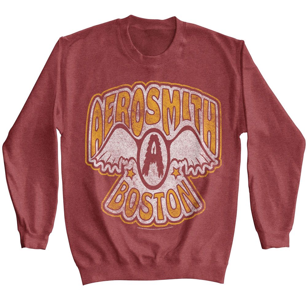 AEROSMITH-AEROSMITH VTG LOGO BOSTON-VINTAGE RED HEATHER ADULT L/S SWEATSHIRT