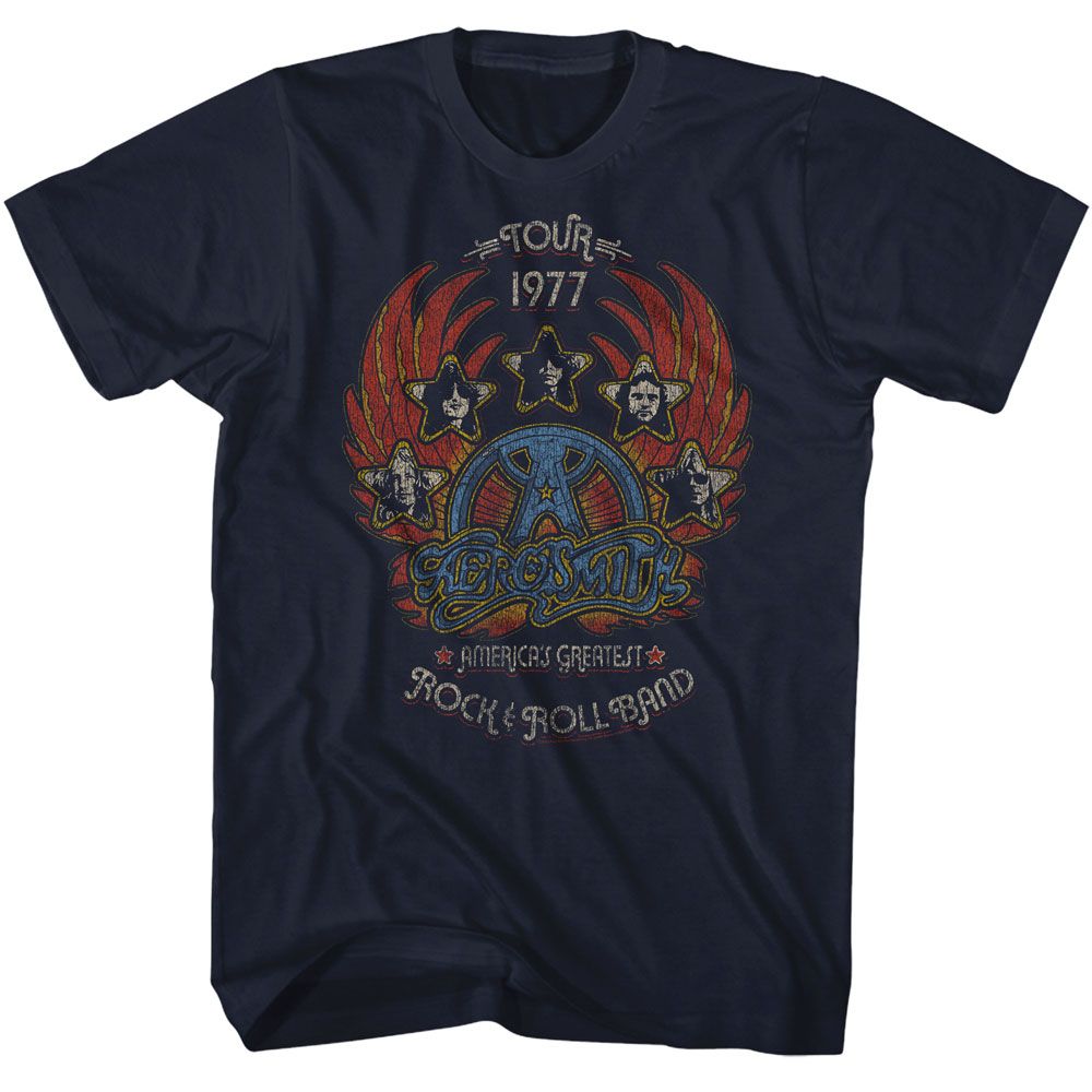 AEROSMITH-AEROSMITH TOUR 1977 DISTRESSY-NAVY ADULT S/S TSHIRT