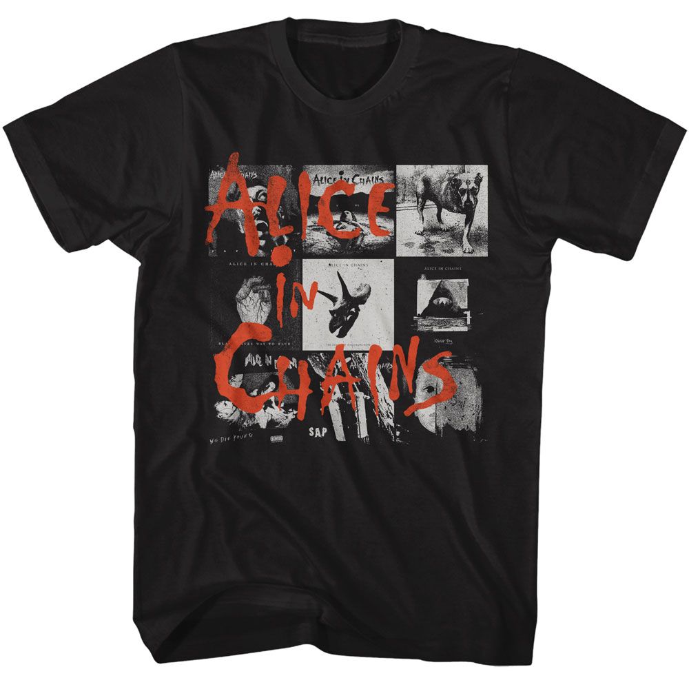 ALICE IN CHAINS-ALICE IN CHAINS MULTIPLE ALBUM COVERS-BLACK ADULT S/S TSHIRT