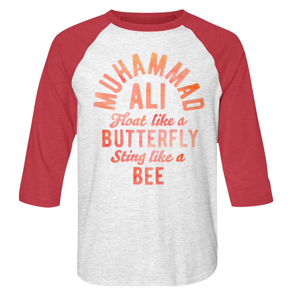 MUHAMMAD ALI-BUTTERFLY AND BEE-WHITE HEATHER/VINTAGE RED ADULT 3/4 SLEEVE RAGLAN