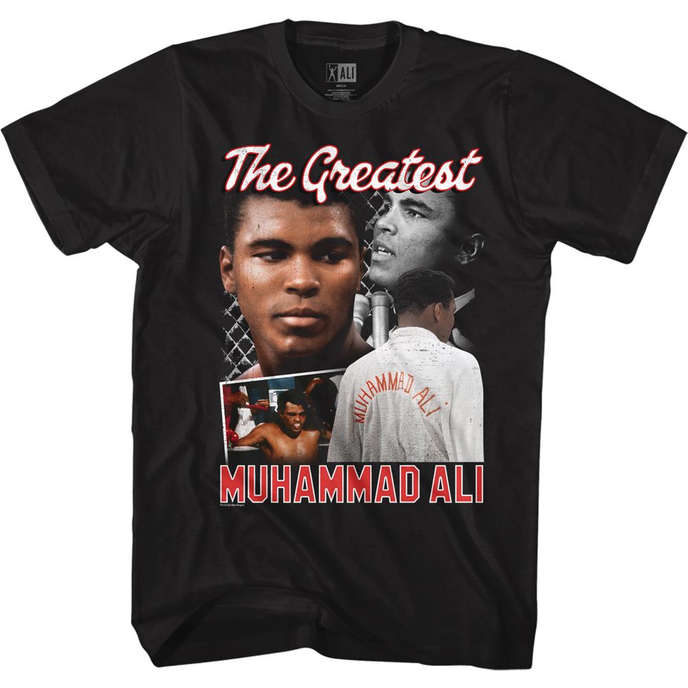 MUHAMMAD ALI-ALI SCRIPT COLLAGE-BLACK ADULT S/S TSHIRT