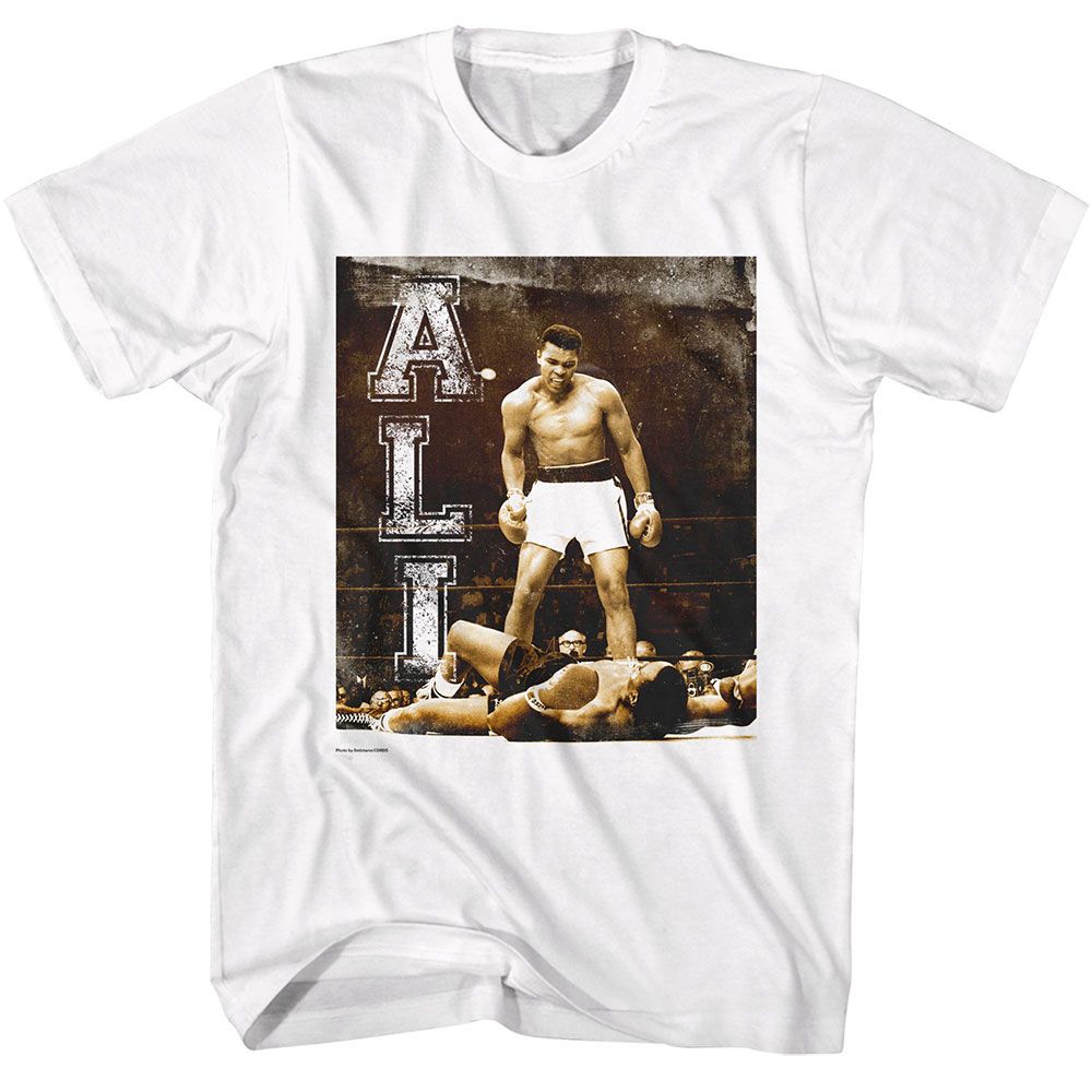 MUHAMMAD ALI-MUHAMMAD ALI GRUNGE KO VERTICAL TEXT-WHITE ADULT S/S TSHIRT