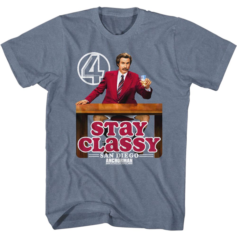 ANCHORMAN-STAY CLASSY LOGO-INDIGO HEATHER ADULT S/S TSHIRT