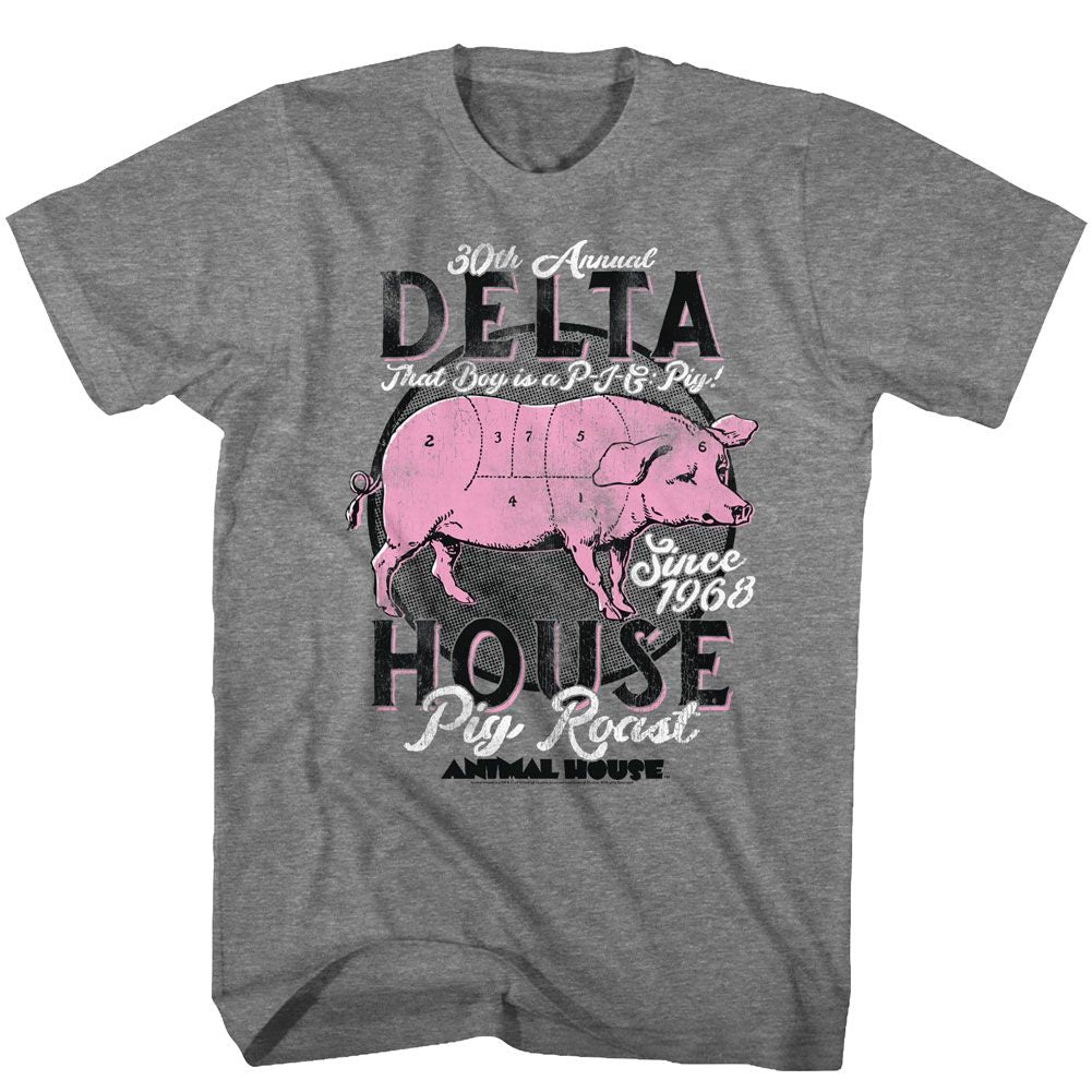 ANIMAL HOUSE-PIG ROAST-GRAPHITE HEATHER ADULT S/S TSHIRT