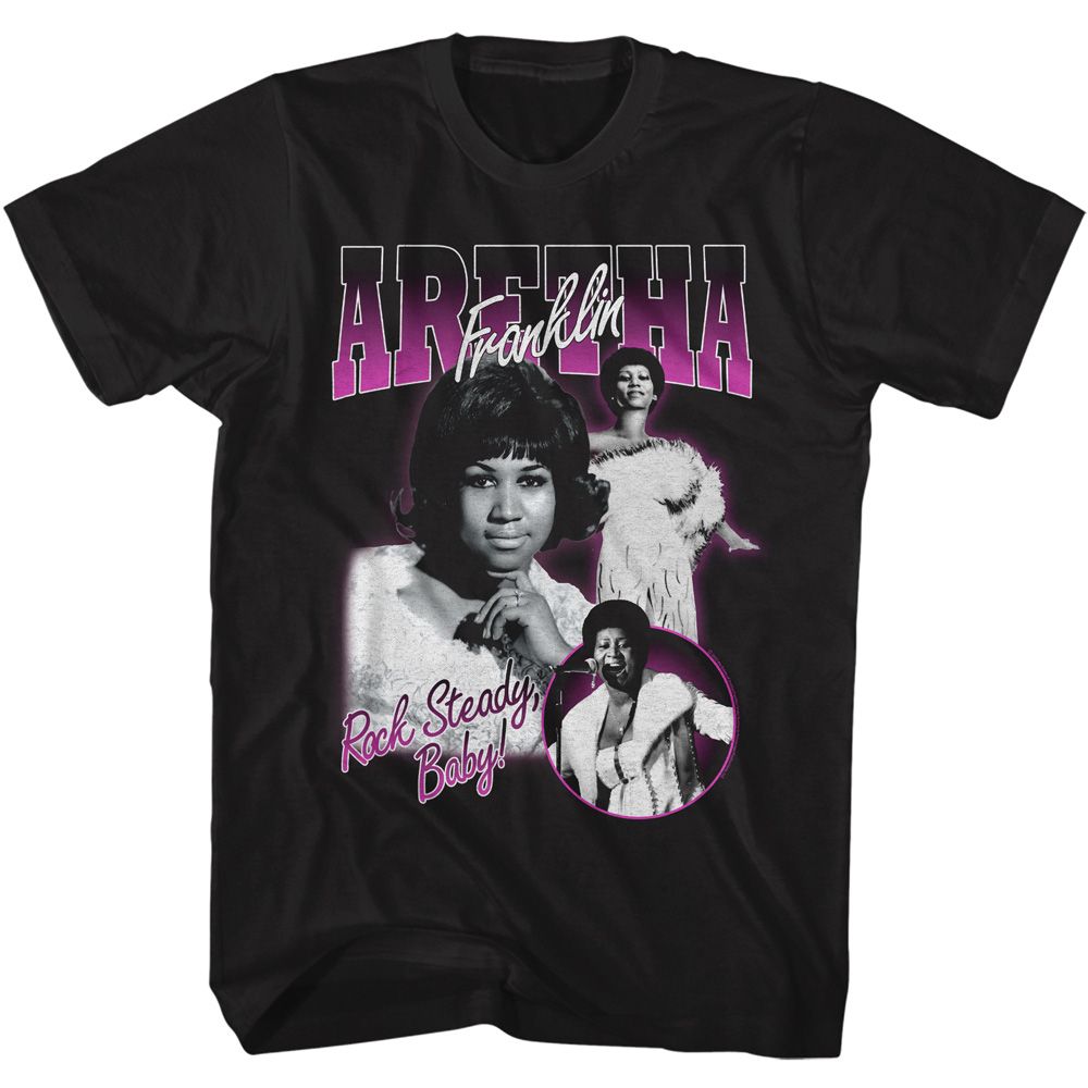 ARETHA-ARETHA ROCK STEADY BABY COLLAGE-BLACK ADULT S/S TSHIRT