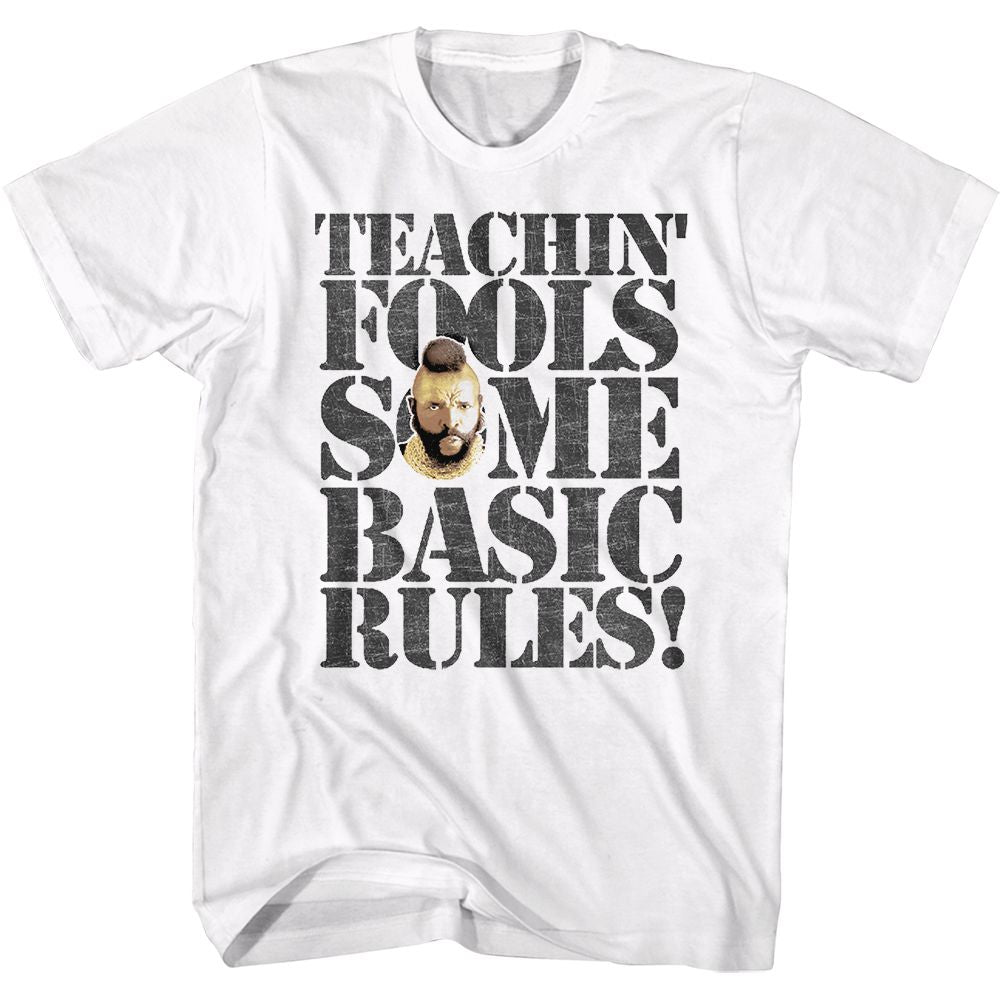 MR T-RULES FOR FOOLS-WHITE ADULT S/S TSHIRT