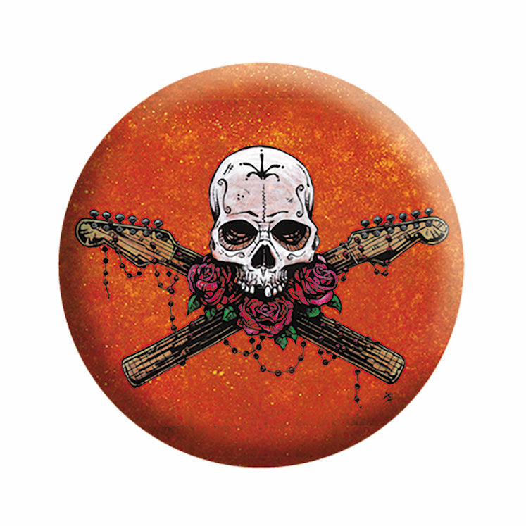David Lozeau Skull Guitar Neck Cross 1.25" Button  - 6 pc prepack
