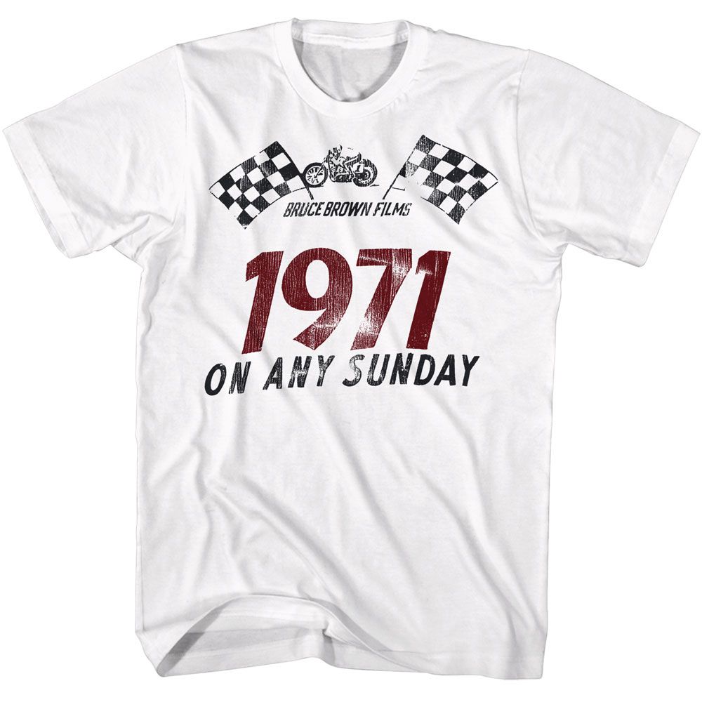 BRUCE BROWN FILMS-BBF 1971 ANY SUNDAY-WHITE ADULT S/S TSHIRT