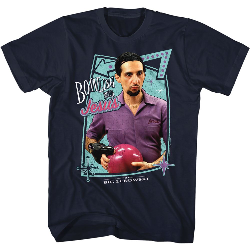 THE BIG LEBOWSKI-BOWLING WITH JESUS-NAVY ADULT S/S TSHIRT