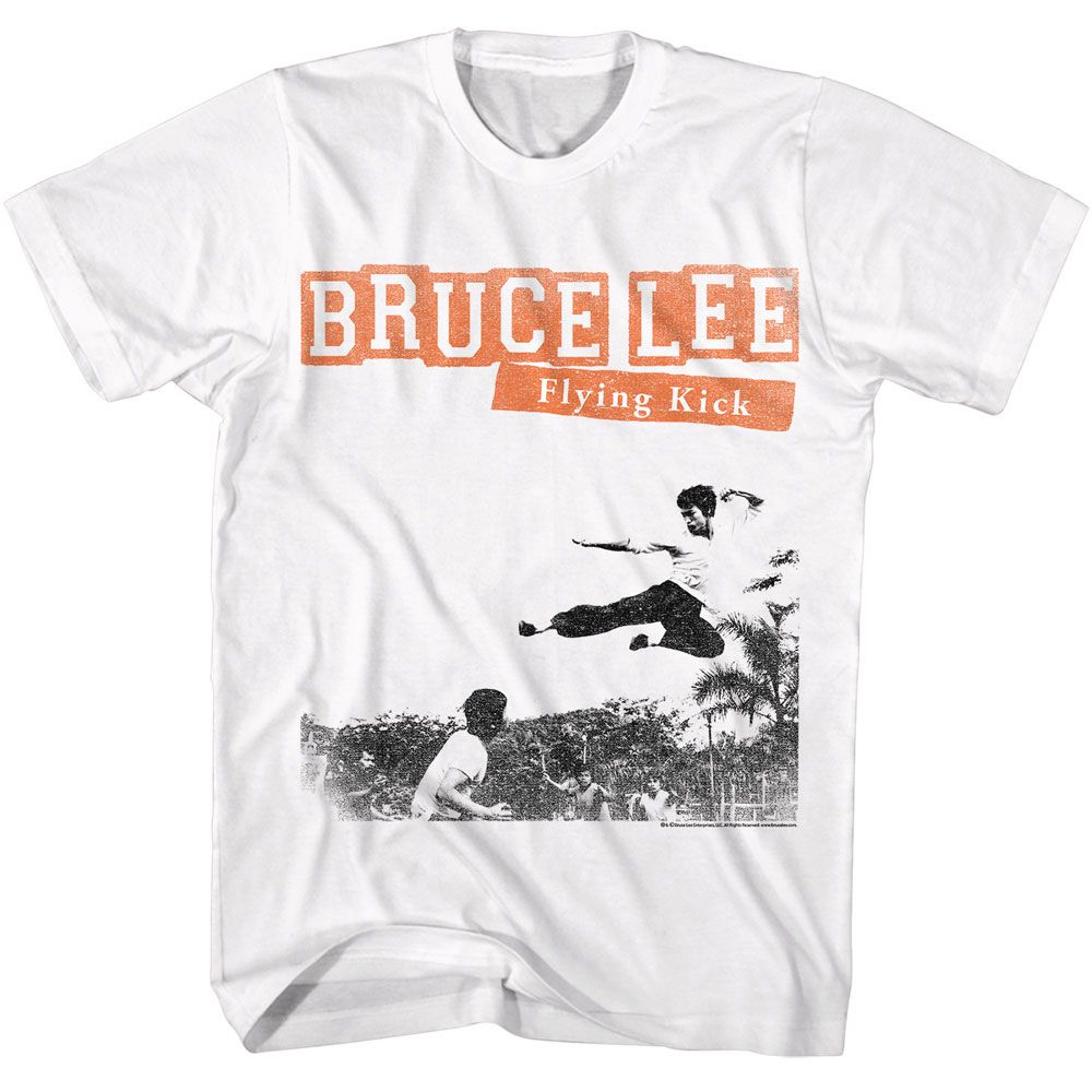 BRUCE LEE-BRUCE LEE FLYING KICK-WHITE ADULT S/S TSHIRT