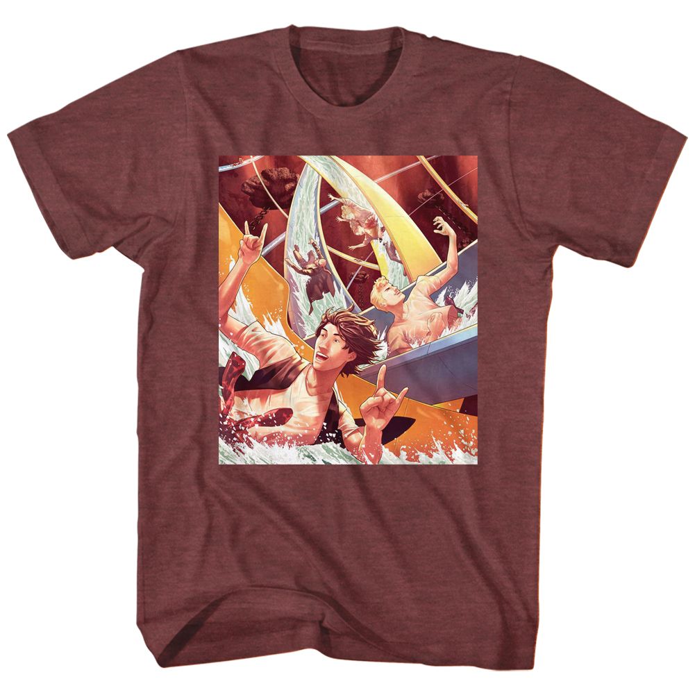 BILL AND TED-WATER SLIDE-VINTAGE MAROON HEATHER ADULT S/S TSHIRT