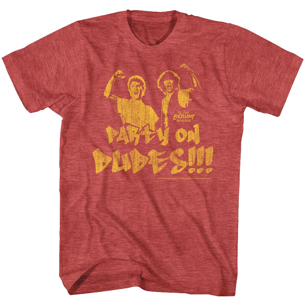 BILL AND TED-PARTY ON FADE-RED HEATHER ADULT S/S TSHIRT